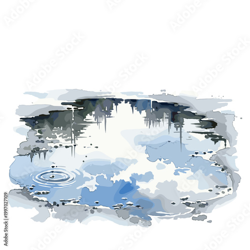 Abstract watercolor reflection of ice and water with ripples in cool blue and gray tones