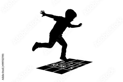 Joyful Hopscotch Silhouette: A youthful silhouette joyfully leaps across a hopscotch grid, embodying the essence of outdoor play and the carefree spirit of childhood.