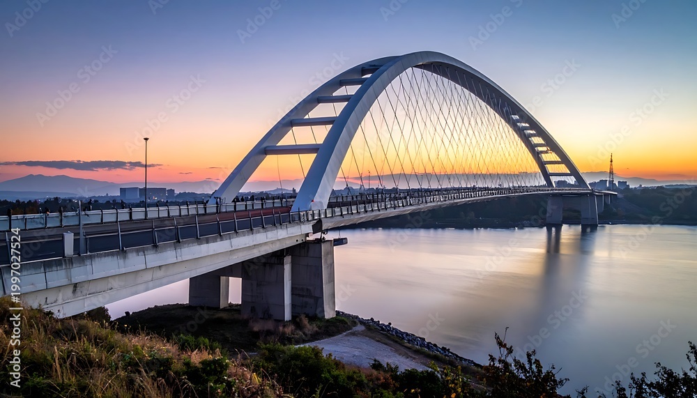 Fototapeta premium A large arched bridge spans a body of water at sunset