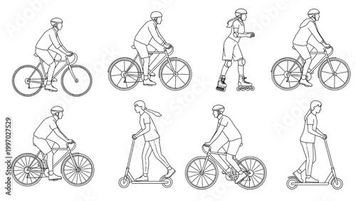 People riding bicycles and scooters in a 2D AutoCAD illustration