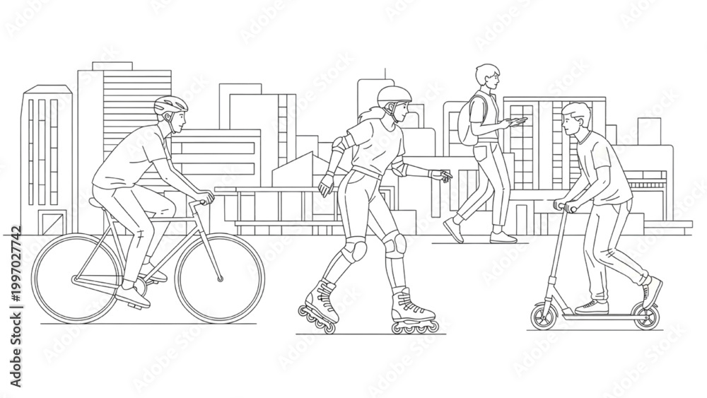 Obraz premium People commuting through city on bike and 2D AutoCAD style rollerblades