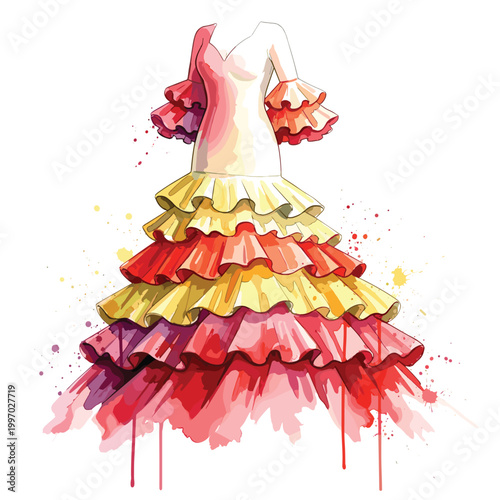 Vibrant watercolor illustration of a flamenco dress with ruffles and splashes
