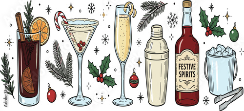 Festive Christmas cocktail vector set featuring winter drinks, mulled wine, champagne, martini with candy cane, shaker, alcohol bottle, and holiday greenery decorations for seasonal parties.