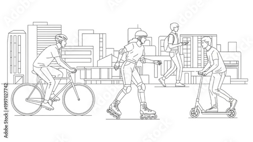 People commuting through city on bike and 2D AutoCAD style rollerblades