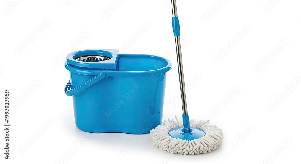 Fototapeta premium Blue cleaning bucket and mop set isolated on white background