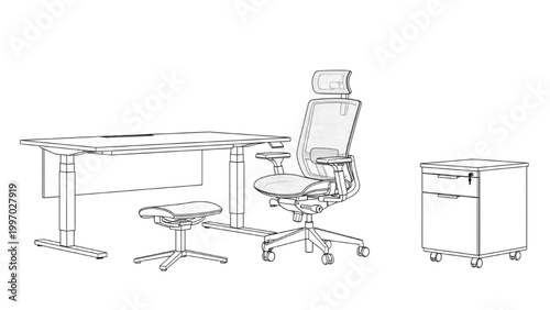 2D AutoCAD drawing of office furniture includes desk chair and filing cabinet