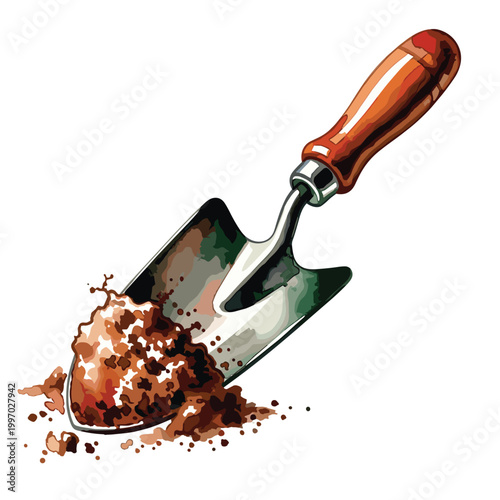 Gardening trowel with rich soil being scooped up, ready for planting