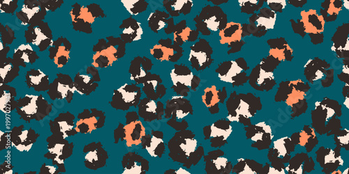 A seamless vector leopard pattern in black, white and orange on deep teal background with hand-painted spots