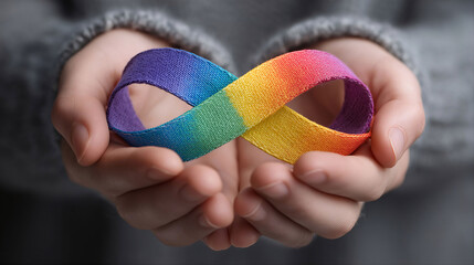Rainbow Infinity Ribbon in Caring Hands for Autism Awareness Support