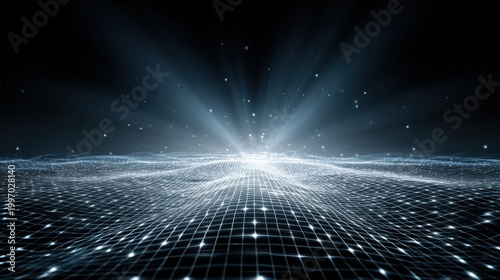 Abstract digital landscape featuring luminous grid lines and sparkling points of light in a dark space, conveying themes of technology, innovation, and futuristic design.