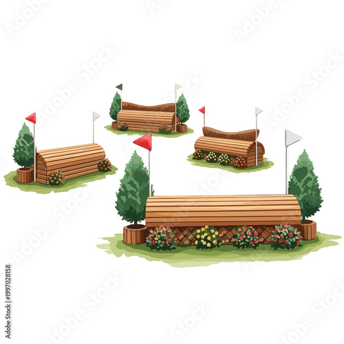 Equestrian show jumping obstacles in a natural setting with flowers and flags