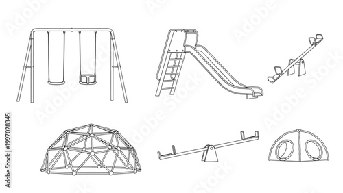 2D AutoCAD designs playground equipment with swings slide and seesaw