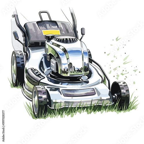Modern lawn mower cutting green grass with clippings flying in the air