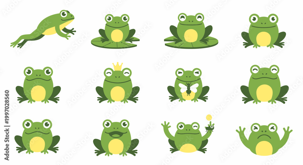 Fototapeta premium Collection of cartoon green frogs sitting.