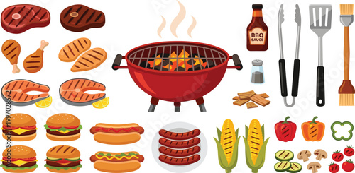 Professional summer barbecue vector icon set featuring charcoal kettle grill, grilled steaks, burgers, hotdogs, salmon, corn, vegetables, and essential bbq cooking tools for backyard parties.