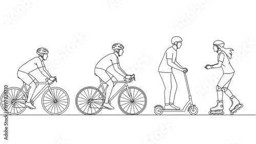 People riding bicycles and scooters in a 2D AutoCAD illustration of city streets