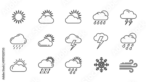 Various weather icons are depicted in 2D AutoCAD illustrations on a white background
