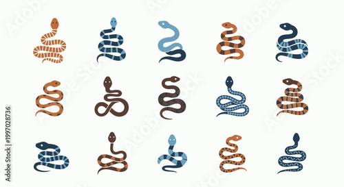 Collection of colorful snake illustrations.