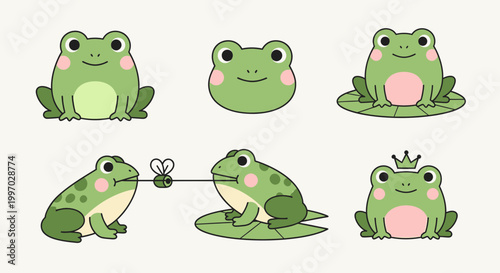 Cartoon green frogs in various poses.