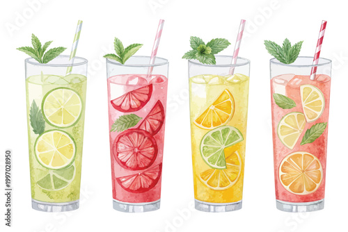 set of Watercolor Lemonade Glass Icon, Refreshing Summer Drink Clipart, vector illustration Isolated on White background