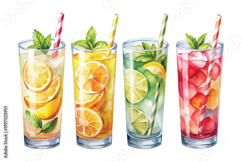 set of Hand-Painted Lemonade Drink Icon, Summer Refreshment Watercolor Clipart, Isolated Vector Illustration