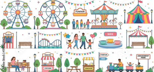 Vibrant amusement park set with ferris wheel, carousel, roller coaster, circus tent, carnival games, food stalls, and happy families enjoying funfair activities vector.