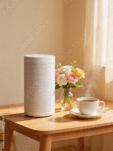 A smart speaker sits on the table, next to a bouquet of flowers and a cup of tea. A cozy, homey atmosphere.