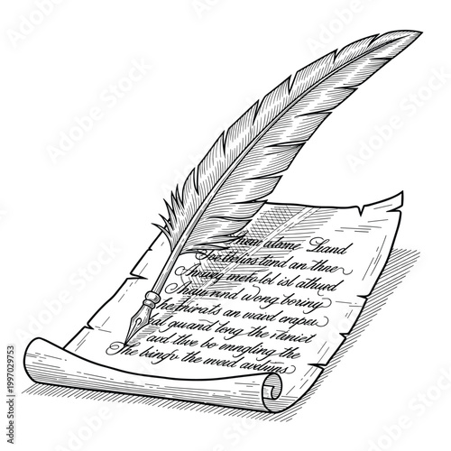 Vintage quill pen resting on an old parchment with handwritten text