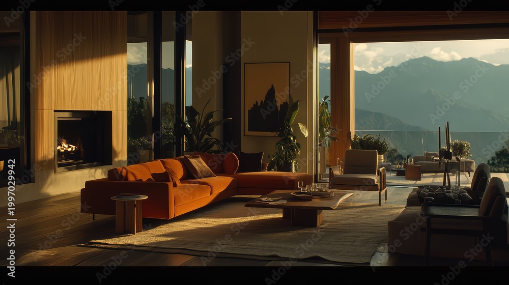 Fototapeta premium Living room interior featuring a warm orange sofa, working fireplace, and panoramic mountain view through large windows, capturing soft sunset light for a serene and luxurious atmosphere