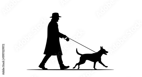 Woman in black silhouette walking a black and white dog on a leash