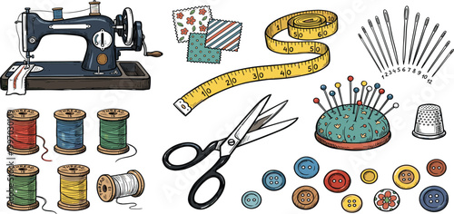 Vintage sewing kit collection with classic machine, thread spools, colorful buttons, measuring tape, scissors, needles, and pincushion vector illustration.