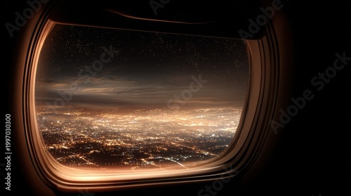 Nighttime View from Airplane Window Showcasing City Lights and Stars Against a Dark Sky, Capturing the Beauty of Urban Landscapes from Above