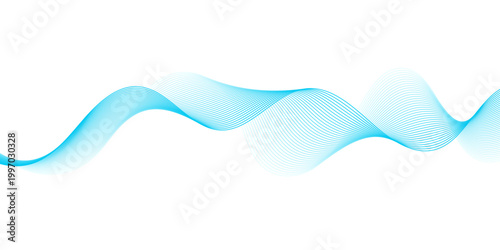 Abstract Turquoise and Blue Flowing Wave Lines on Light Background Forming Smooth Dynamic Soundwave Pattern with Layered Curves in Modern Minimal Tech Style.