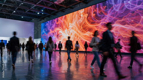 People walking in front of a large digital display