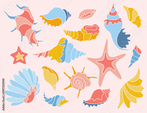 Retro Pop Art Sea Shells Vector Set