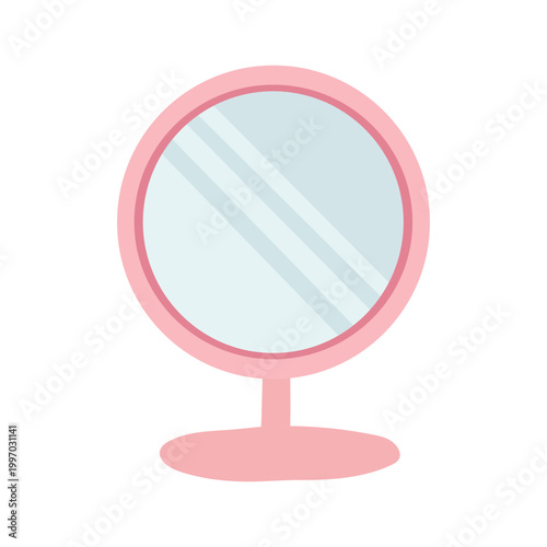 Pink round table mirror with stand, vector illustration