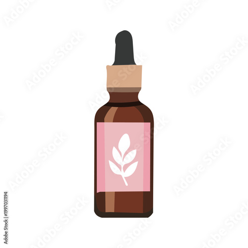 Brown glass dropper bottle with a pink label featuring a white plant illustration