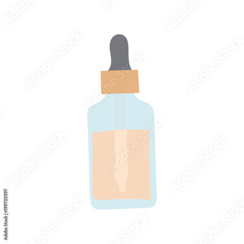 Clear glass dropper bottle with a beige label