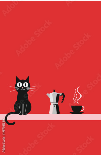 Minimalist illustration of a black cat sitting next to a moka pot and a steaming cup of coffee on a pink shelf against a red background
