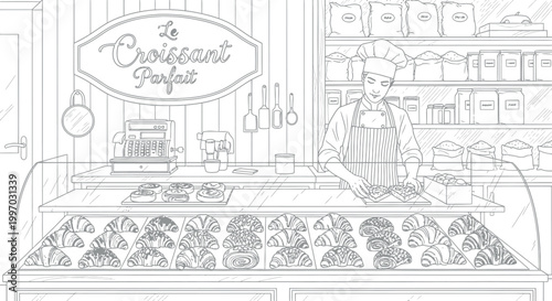 Baker preparing artisanal croissants and pastries in a quaint French boulangerie for satisfied customers eager to purchase delicious baked goods.