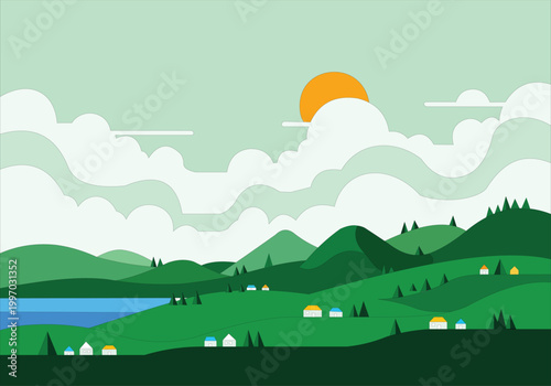 Flat vector landscape illustration with green hills, small houses, and clouds
