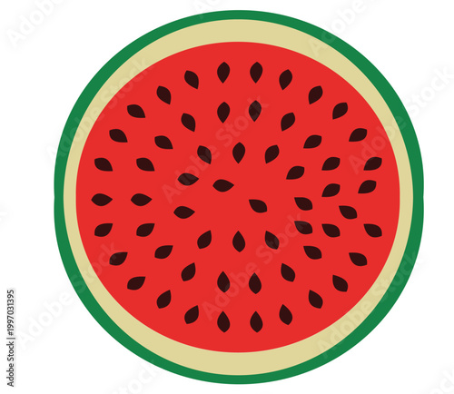 Round slice of red watermelon with black seeds and green rind fresh summer fruit illustration