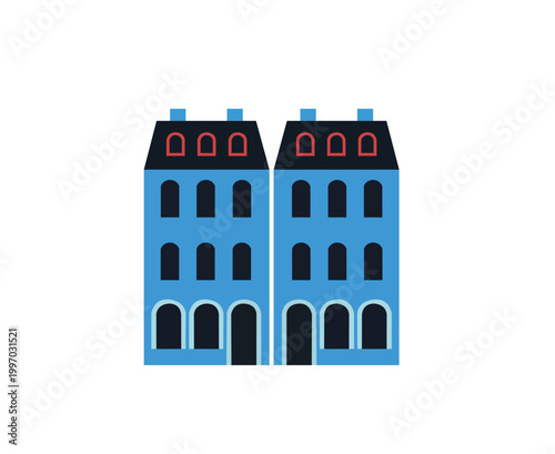 Two identical blue residential buildings with mansard roofs and arched windows