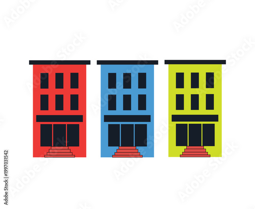 Three colorful apartment buildings with storefronts and stairs