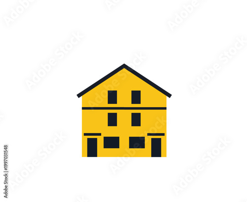Simple flat vector icon of a yellow twostory house with a gabled roof and two front doors