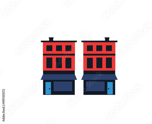 Vector illustration of two red commercial buildings with blue storefronts and awnings