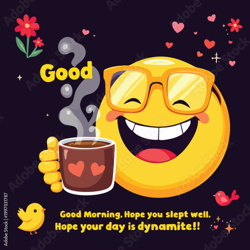 Smiley face with coffee cheerful good morning greeting illustration