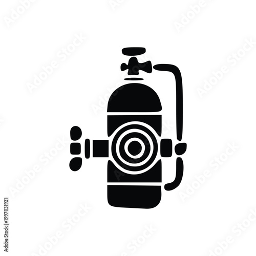 A black silhouette icon of a scuba diving tank with a regulator and hose.