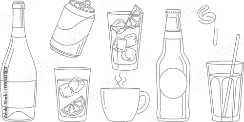 A diverse collection of refreshing beverages, including bottles, cans, and glasses with ice and a lemon slice, alongside a hot mug, all depicted in a modern, simple outline vector illustration.