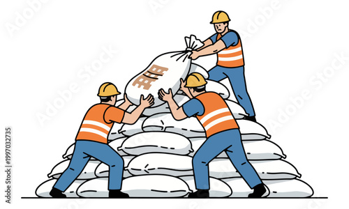 Workers in safety gear stacking white sacks illustration